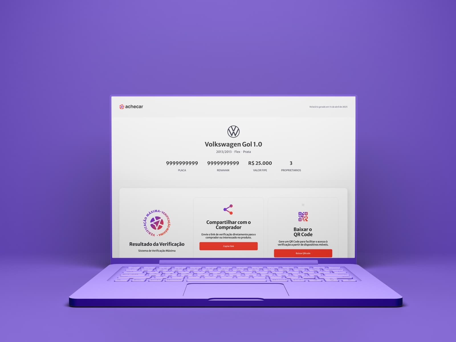 Tela de relatório da Achecar exibindo um Volkswagen Gol 1.0 marcado como recusado pela Achecar, com alertas críticos detectados.